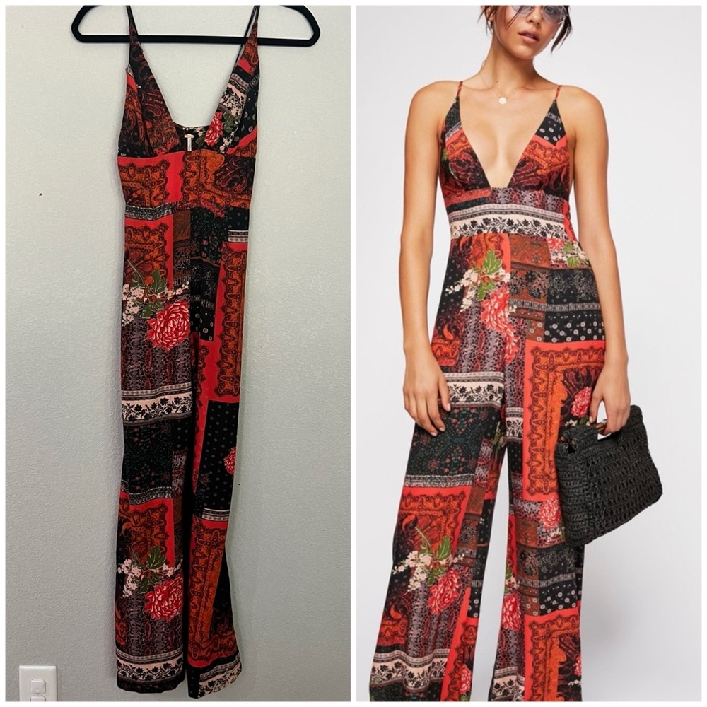 Free People Red & Black Patchwork Print Wide-Leg Jumpsuit - Picture 2 of 10